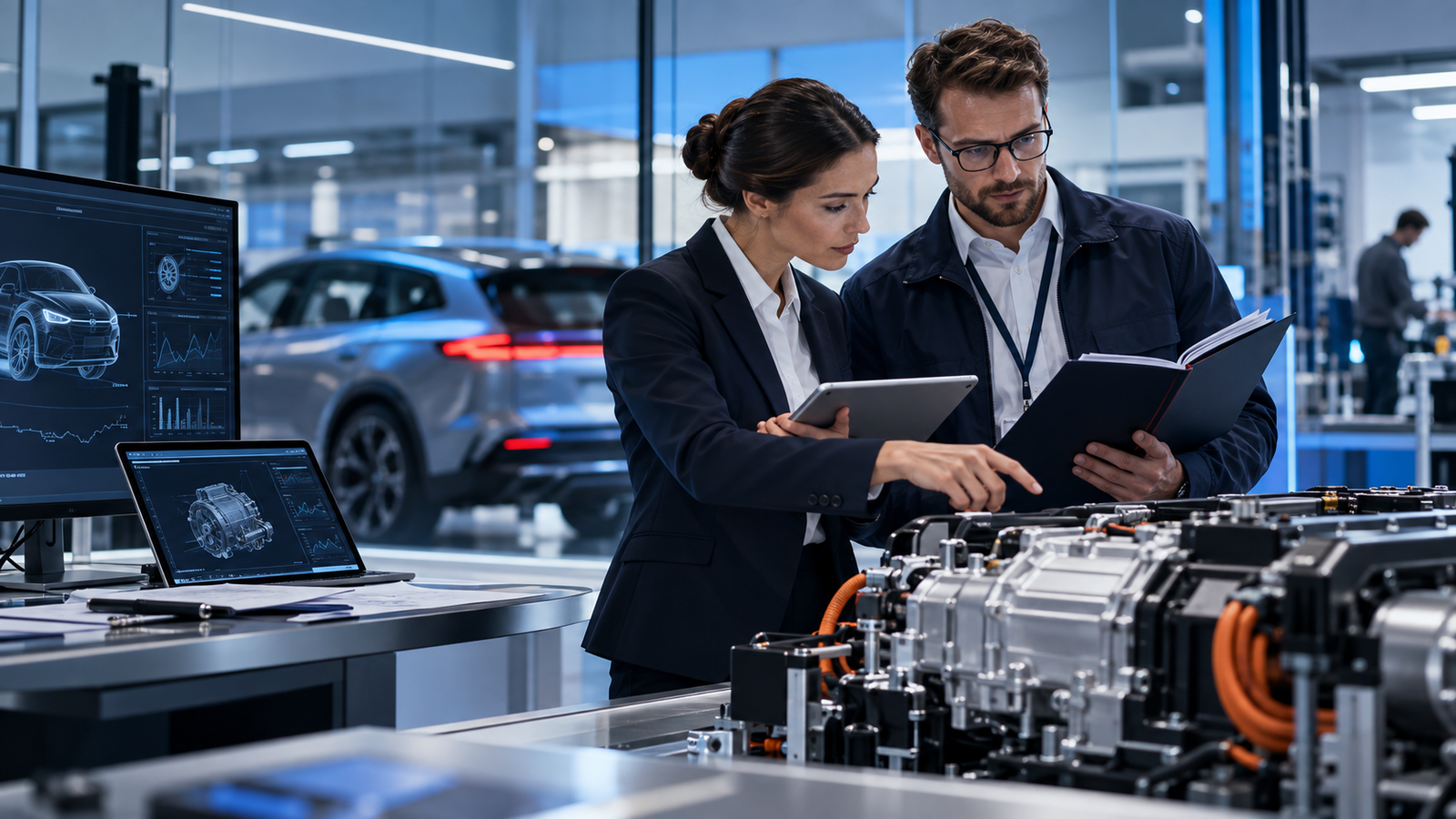 Engineers reviewing automotive approval evidence in a technical laboratory